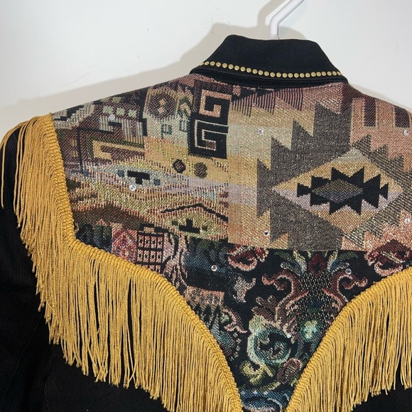 CACHE VINTAGE western Black and Gold Fringed Women's Jacket small - Picture 6 of 16